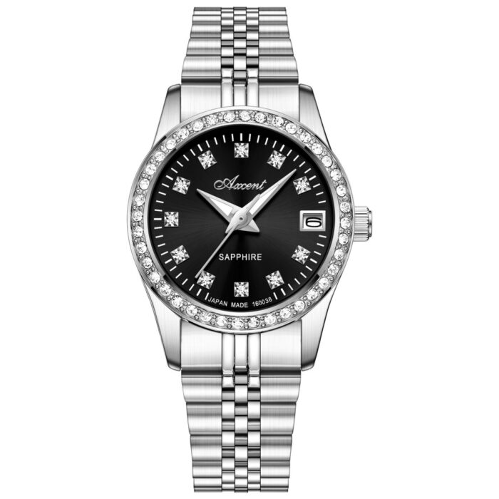 ساعت زنانه اکسنت مدل AX160038L با صفحه مشکی نگین‌دار و بند استیل - Image 1