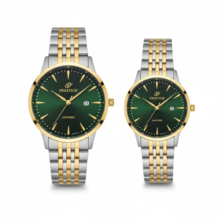 ساعت ست زنانه و مردانه پرستیژ مدل P9204 لیمیتد ادیشن با صفحه سبز و بند دو رنگ استیل