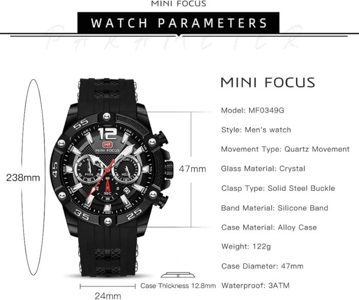 ساعت مینی فکوس مردانه اسپرت مشکی - Image 3